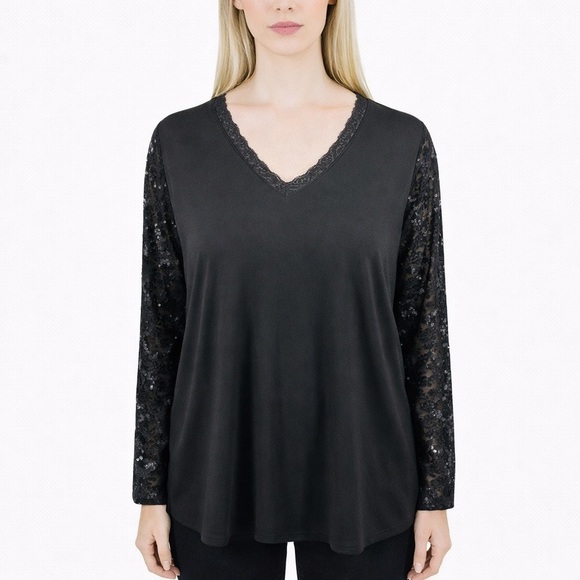 Susan Graver Tops - Susan Graver Black Tunic Shirt Sheer Lace Sleeves Romantic Boho Slinky Size 1X